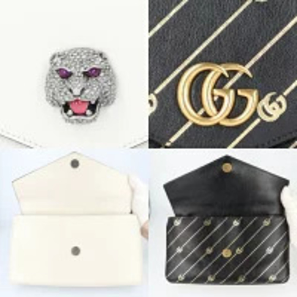 Gucci h Leather Cat White Black Chain Shoulder Bag Gold Face GG Marmont Double - Picture 3 of 13